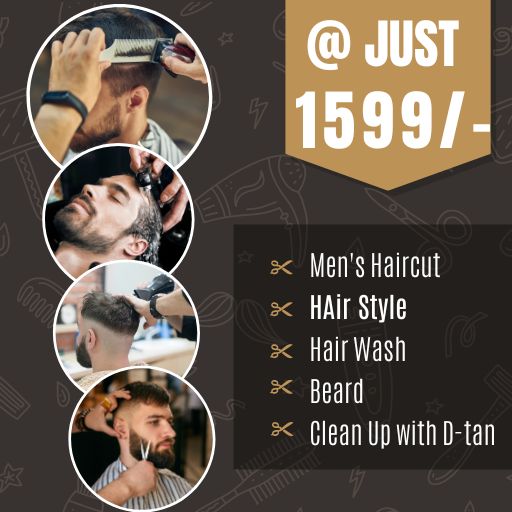 @ 1599/- :Men Hair Cut + Hair Wash + Hair Styling + Beard + Clean Up With DeTan